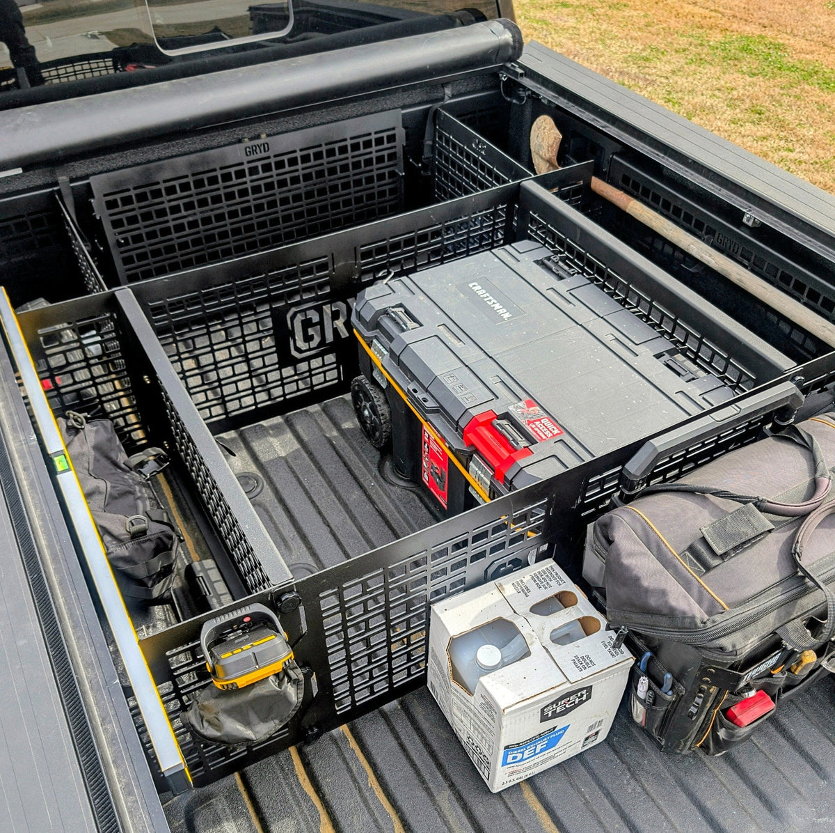 GRYD GEAR complete modular MOLLE truck bed system installed in a Ford Super Duty short bed